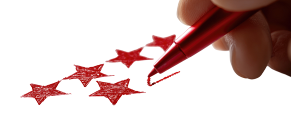 Hand holding a red pen over red stars