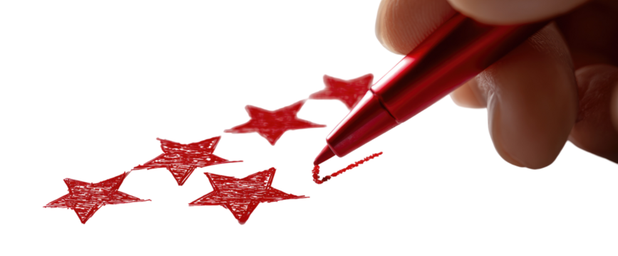 Hand holding a red pen over red stars