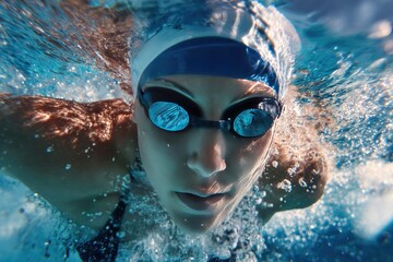 Close Up Portrait of Determined Female Swimmer in Blue Tinted Pool Water with Swim Cap and Goggles