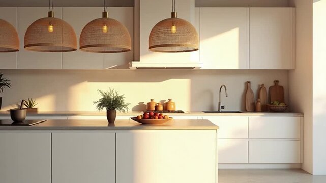 Modern kitchen interior with minimal white cabinetry, golden sunset lighting, woven pendant lights, natural textures, large window view and clean surfaces creating a warm and stylish