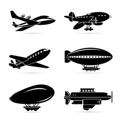 Collection of Black Silhouetted Vintage Aircraft and Dirigibles on White Background