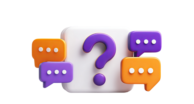3D question mark icon surrounded by chat bubbles