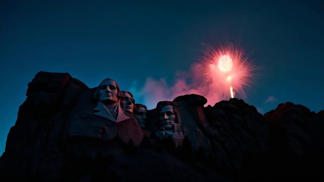 Breathtaking Fireworks Over Mount Rushmore: Dynamic Pyrotechnic Artistry with Refined Lighting Effects Honoring American Heritage in Photo Stock Concept