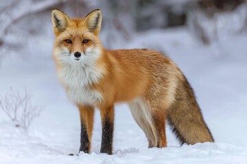 Naklejka premium Red fox standing in snow, full body photorealistic wildlife scene with high detail and depth of field, winter nature landscape