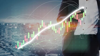 A professional businessman in a suit holds a smartphone while standing against a cityscape, with a stock market graph overlay depicting financial trends and growth. Copula - Powered by Adobe