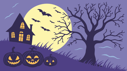 Spooky Halloween Night Landscape with Haunted House, Flying Bats, and Glowing Jack-o'-Lanterns Under a Full Moon