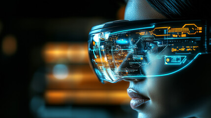 A user wears advanced futuristic virtual reality glasses, engaging with a dynamic holographic digital interface in a dark environment.