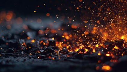 Dramatic Close Up of Burning Embers Glowing With Intense Heat and Sparkling Particles on Dark Background
