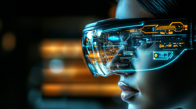 A user wears advanced futuristic virtual reality glasses, engaging with a dynamic holographic digital interface in a dark environment.