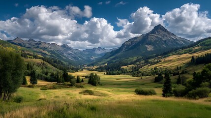 Obraz premium Serene wide mountain meadow with fresh green grass beneath empty blue sky, peaceful countryside landscape offering blank background space for creative design and text placement.