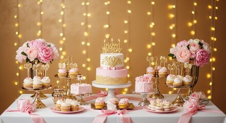 Elegant Pink and Gold Birthday Dessert Table with Cakes and Flowers in Warm Lighting