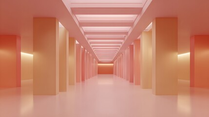 A softly lit, minimalist hallway with warm peach and beige pillars creates a tranquil and spacious atmosphere.