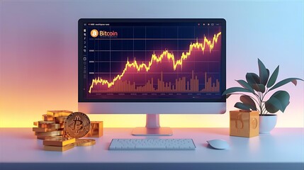 Computer monitor displays growing financial trading chart