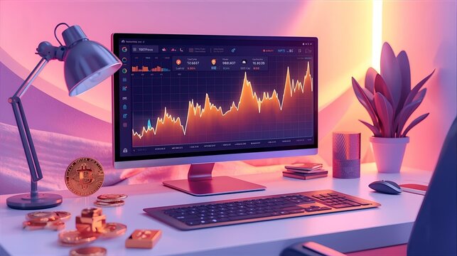 Modern desk setup with financial stock chart display - Powered by Adobe