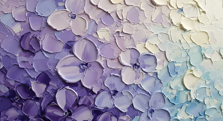 Close up of an abstract painting with purple and white flower pattern