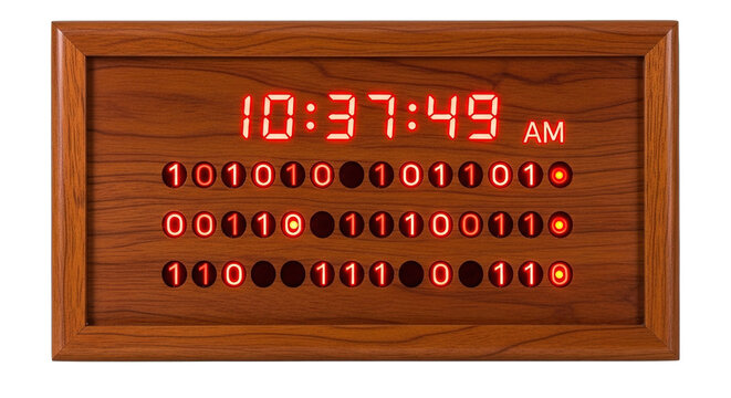 Digital Clock Red LED Display Wooden Frame Time AM - Powered by Adobe