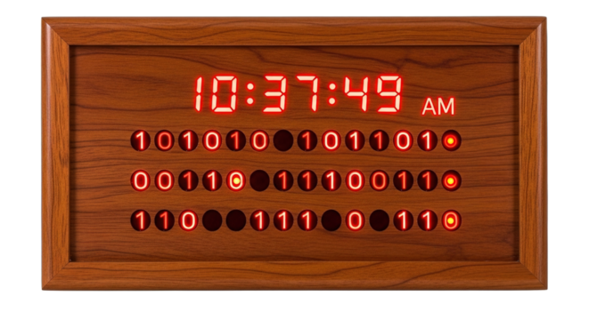 Digital Clock Red LED Display Wooden Frame Time AM