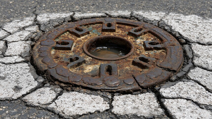 A rusty metal pipe is sitting on a cracked road