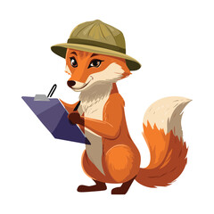 A clever fox adventurer wearing a safari hat and holding a clipboard, ready to document discoveries