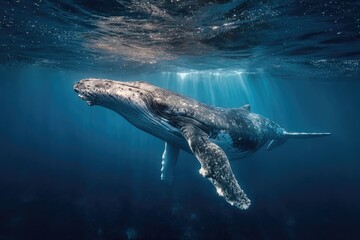 Naklejka premium Humpback Whale Swimming in Deep Blue Ocean with Sun Rays and Pixelated Render in Water
