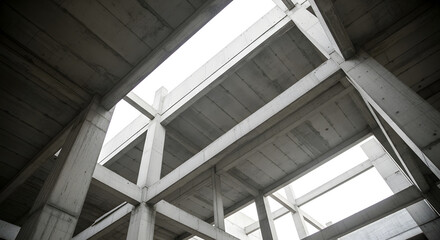 Obraz premium Interior of an unfinished concrete building with geometric design and daylight