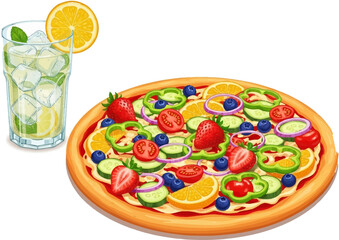 Delicious Fruit and Vegetable Pizza with Refreshing Drink
