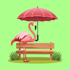 A flamingo sitting on a bench, holding a red umbrella to protect itself from the sun or rain