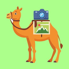  A cute camel with a camera and luggage on its back, ready to be a tourist on a desert adventure