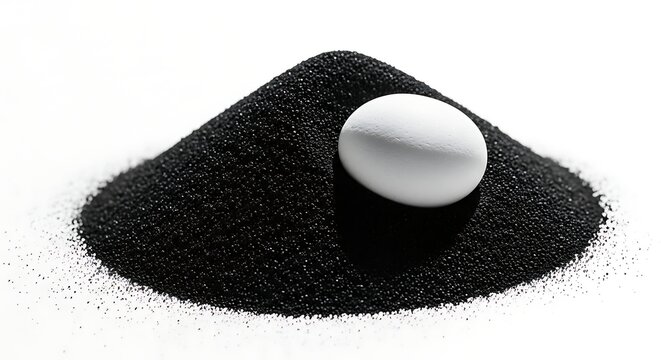 Pristine White Sphere Resting on a Conical Mound of Black Granular Sand.
