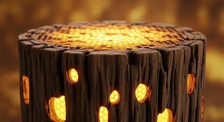 Mystical Wooden Log Glowing from Within with a Molten Honeycomb Core.
