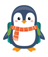 An adorable penguin with a cute red backpack is wearing a blue scarf ready to go on a trip