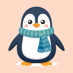 A cute little penguin is wearing a warm blue scarf to protect itself from the cold weather