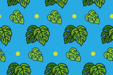 Forest monstera leaves with dot seamless pattern on blue background. Botanical leaf colorful doodle pattern background. Tropical foliage cartoon isolated motif wallpaper for wrapping and fashion © salzcreative