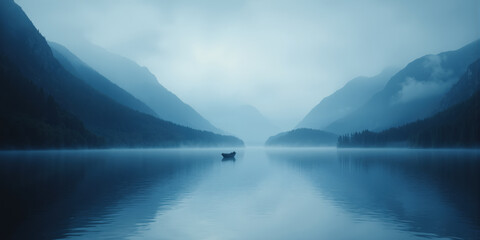Obraz premium Misty mountain lake, single boat silhouette, cool blue tones, symmetrical reflection, dawn light