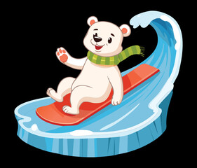 A cute polar bear is riding a surfboard on a giant wave in the sea on a sunny and warm day