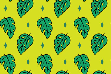 Botanic monstera leaf with diamond accents colorful doodle seamless pattern on green background. Tropical foliage cartoon pattern background for home decor and wrapping. Vector Illustration © salzcreative