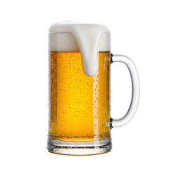 Frosty beer mug filled with golden lager and thick foamy head overflowing, refreshing and appetizing drink concept. Isolated on white or transparent background. PNG format.