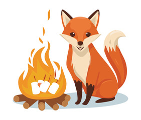 A couple of foxes are sitting together next to a bonfire on a cold night enjoying each other's company