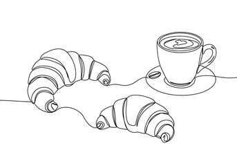 Enjoy fresh croissants with coffee, a modern single line art illustration for a cafe or bakery menu design