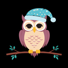 A cute owl wearing a blue nightcap is sitting on a tree branch ready to sleep for the night