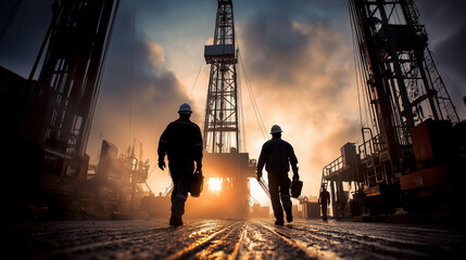 Two men are walking on a wet road near a drilling site