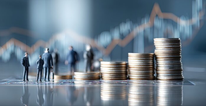 Miniature Business People Facing Stacked Coins Against Blurred Stock Market Graph in Blue Tones Business Finance and Investment Concept