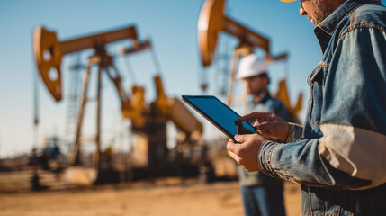 A man is holding a tablet in front of a large oil rig