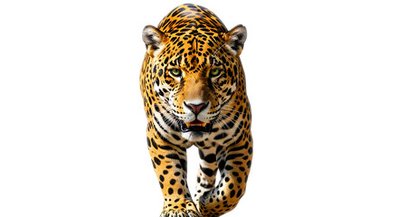 Obraz premium Majestic jaguar walking towards the camera isolated on white background
