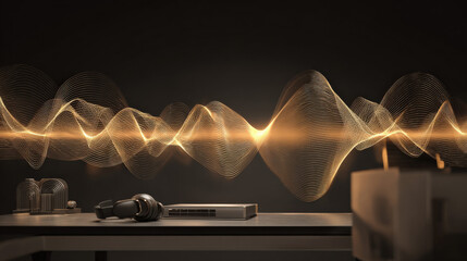 Glowing sound waves and chat bubbles over office headset and computer symbolizing positive customer communication and interaction