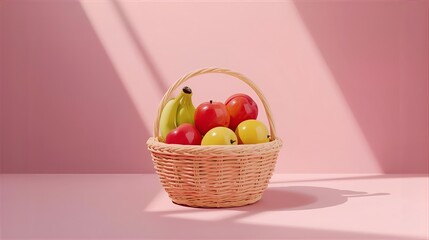 Abundant fresh fruit basket on pink studio background