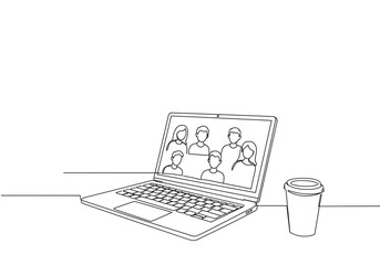 Connect with your team using video conferencing on a laptop with coffee nearby for productivity