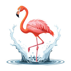 Beautiful Flamingo Illustration Standing in Water, Depicting a Gentle Splash and Graceful Pose