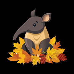 Whimsical Tapir Illustration Surrounded by Autumn Leaves, A Charming and Unique Forest Animal