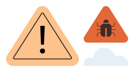Exclamation mark and bug inside triangle frames signaling caution and malfunction. Ideal for warning, error, cybersecurity, risk, danger, troubleshooting, alert. A simple flat metaphor